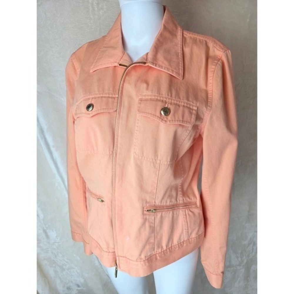 Chaps Denim Jacket Women Peach Orange Utility Zip Front Pockets‎ Size L